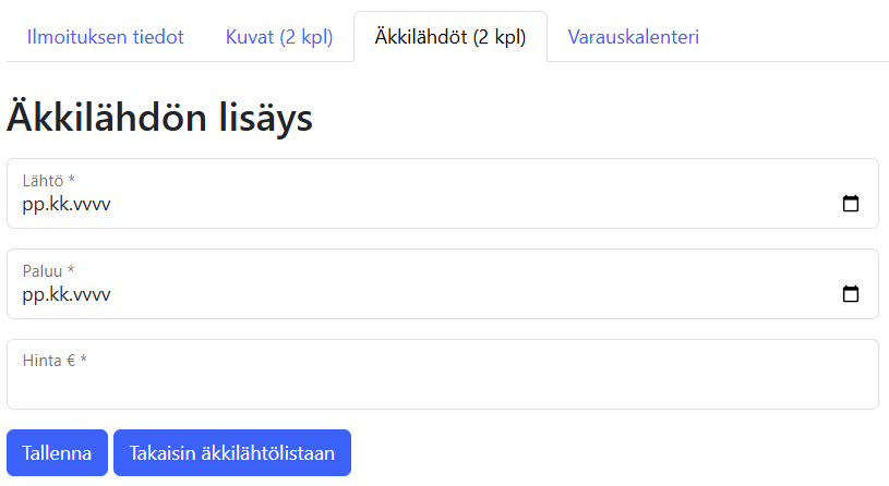 Äkkilähdön lisäys -sivu