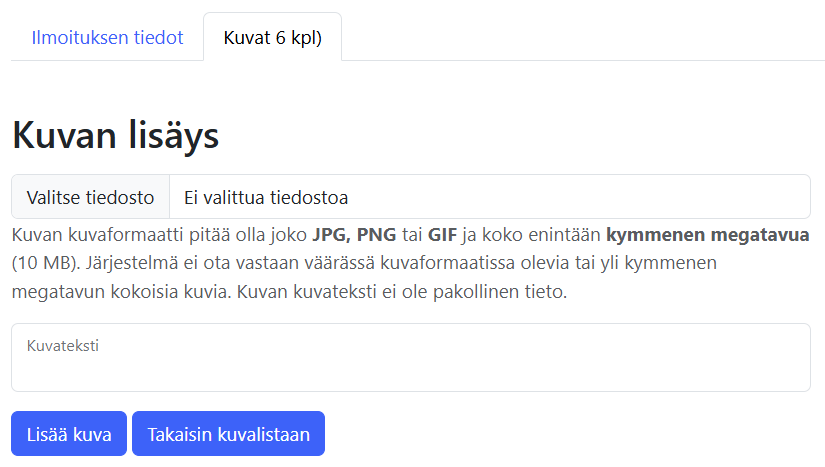 Kuvan lisäys ilmoituksen kuva-albumiin