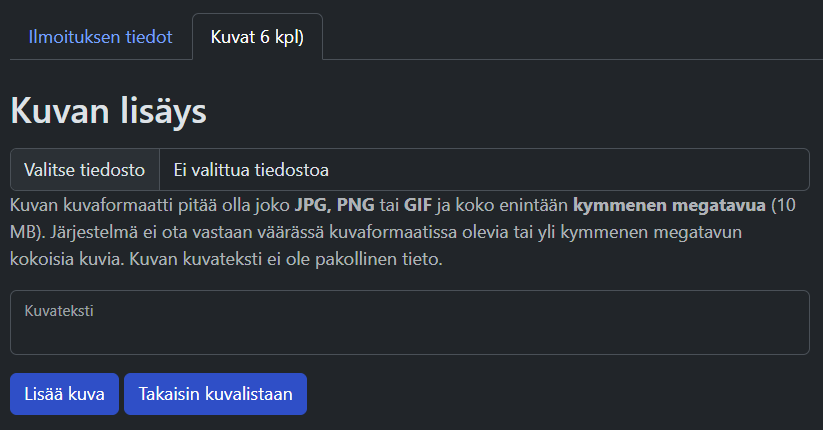 Kuvan lisäys ilmoituksen kuva-albumiin