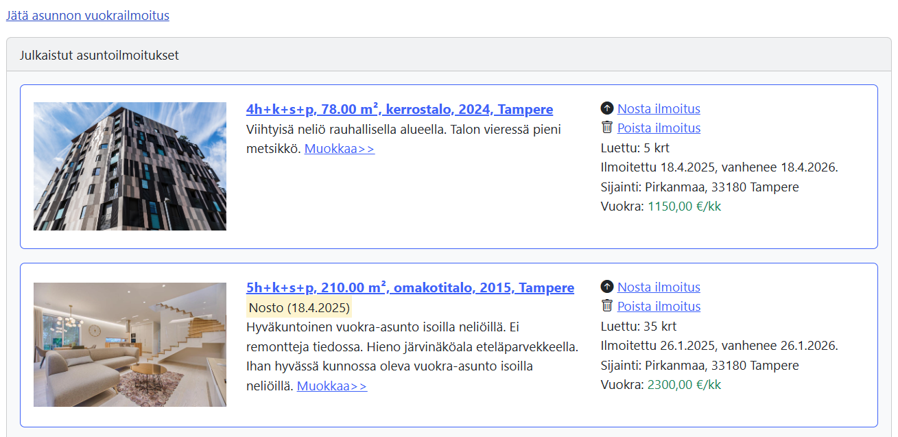 Omat ilmoitukset -lista