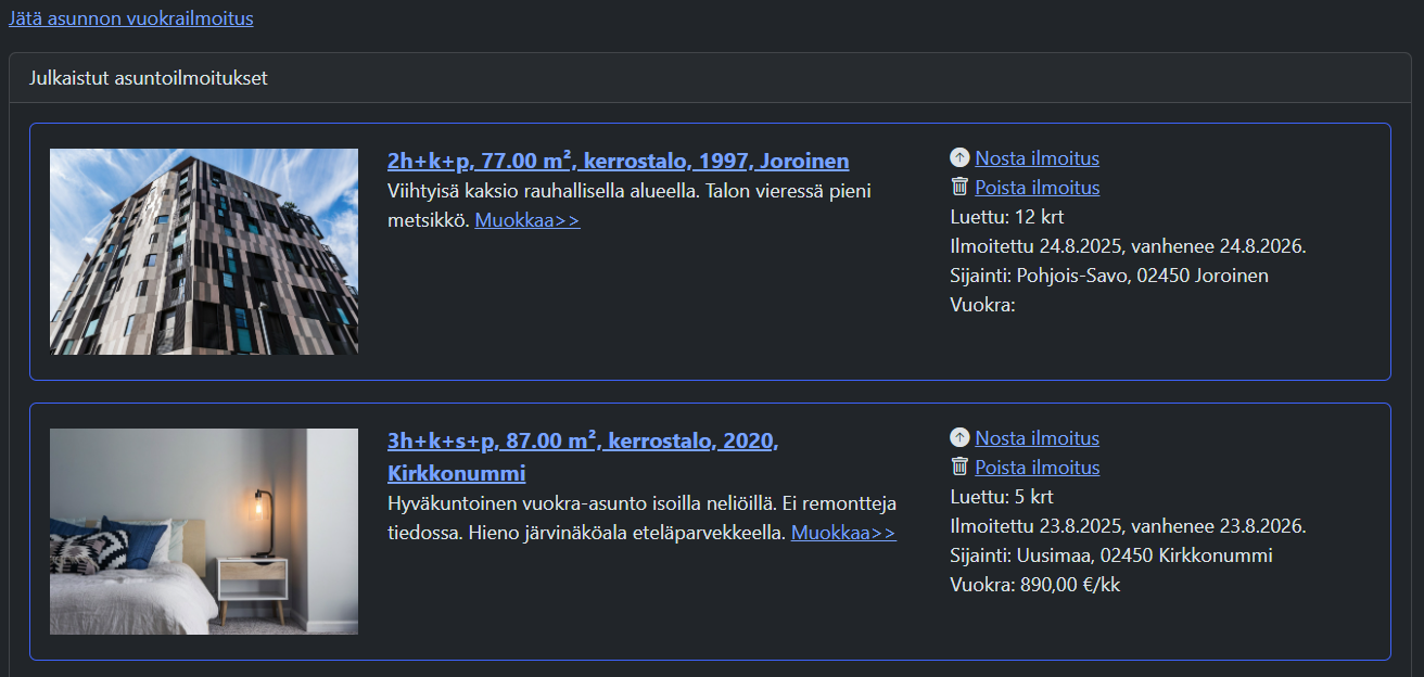 Omat ilmoitukset -lista