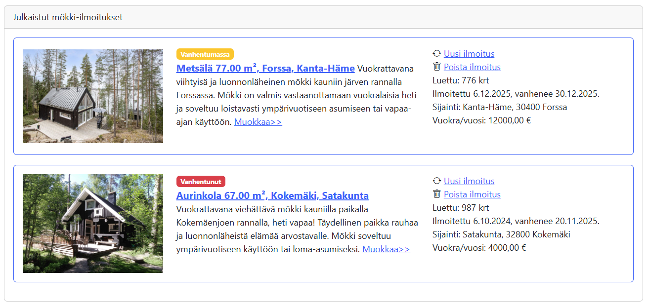 Omat mökki-ilmoitukset -lista